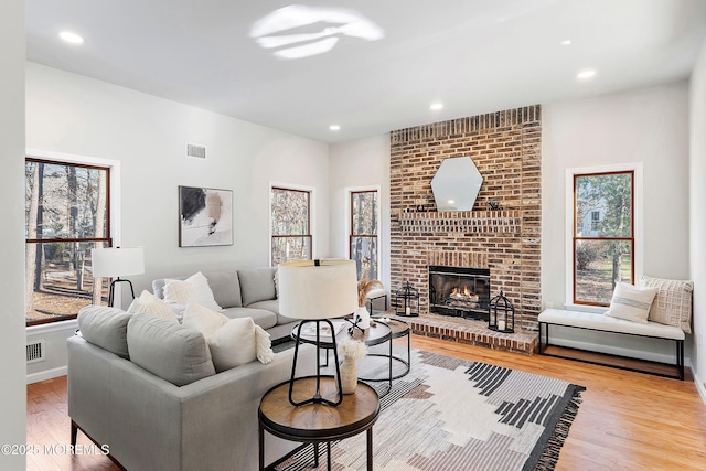 living room with a healthy amount of sunlight, light hardwood / wood-style flooring, and a fireplace