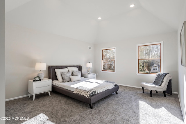 bedroom with lofted ceiling and carpet flooring