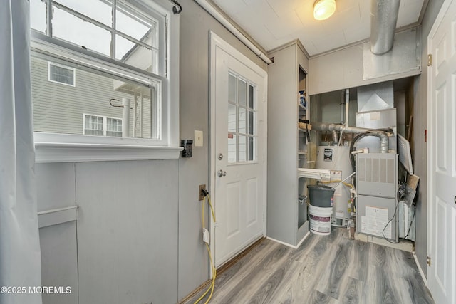 foyer featuring water heater, crown molding, and wood-type flooring