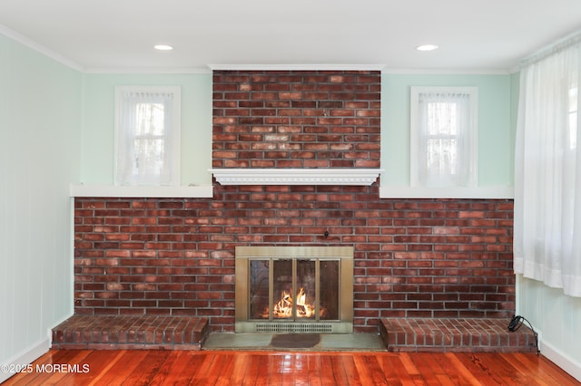 details with a fireplace, hardwood / wood-style floors, and crown molding