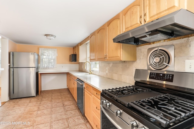 kitchen featuring sink, stainless steel appliances, decorative backsplash, ventilation hood, and light brown cabinets