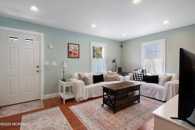 living room with dark hardwood / wood-style flooring