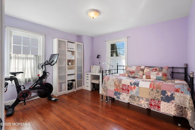 bedroom featuring dark hardwood / wood-style flooring and multiple windows