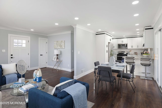 living room featuring crown molding and dark hardwood / wood-style floors