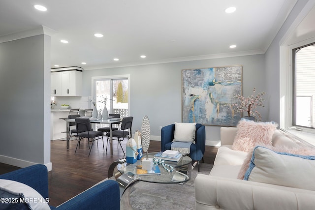 living room featuring dark hardwood / wood-style floors and crown molding