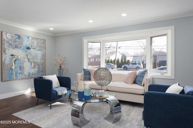 living room featuring dark hardwood / wood-style flooring and ornamental molding