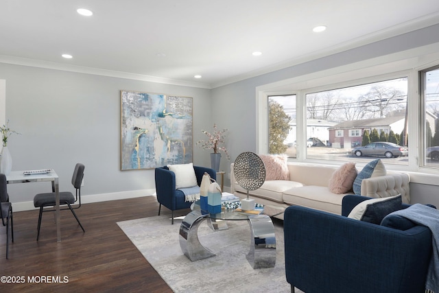 living room featuring ornamental molding and dark hardwood / wood-style floors