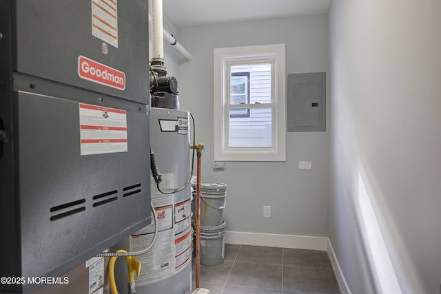 utility room featuring electric panel, heating unit, and gas water heater