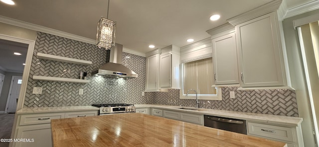 kitchen featuring sink, wall chimney exhaust hood, decorative backsplash, range, and dishwashing machine