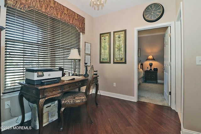 office featuring a wealth of natural light and dark hardwood / wood-style flooring