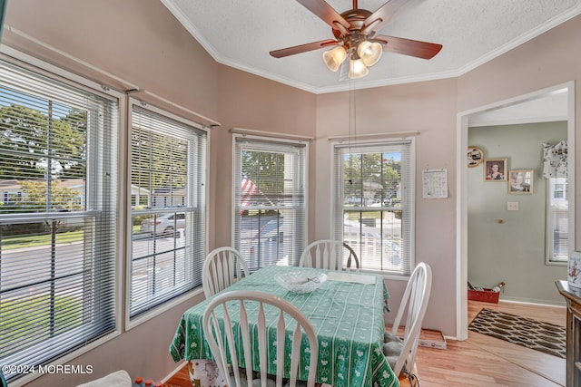 dining room featuring ceiling fan, crown molding, and a textured ceiling