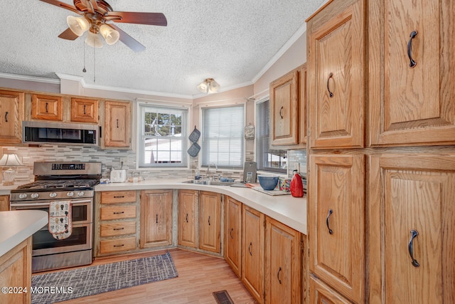 kitchen with ceiling fan, sink, light hardwood / wood-style flooring, backsplash, and appliances with stainless steel finishes