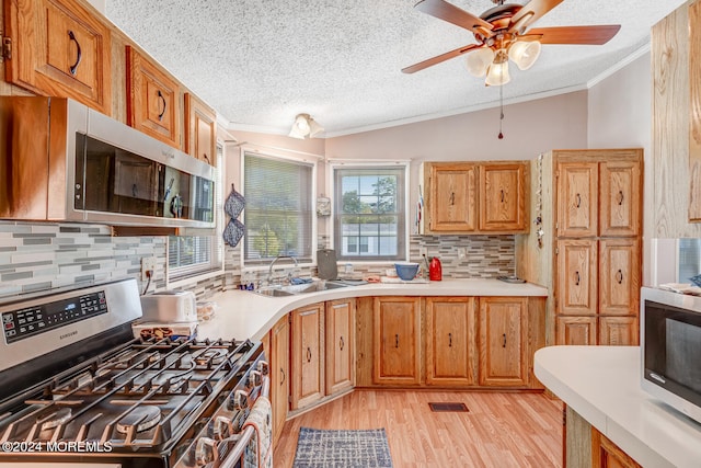 kitchen featuring decorative backsplash, sink, lofted ceiling, and appliances with stainless steel finishes