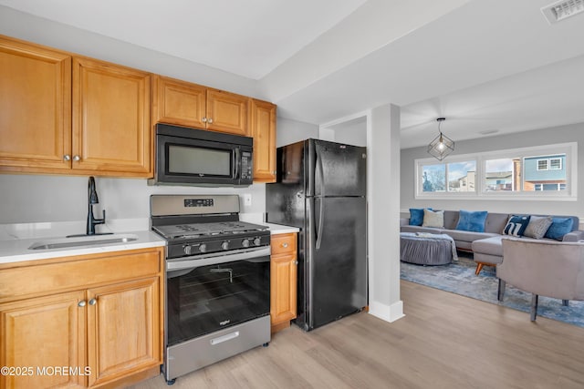 kitchen with light hardwood / wood-style flooring, black appliances, and sink