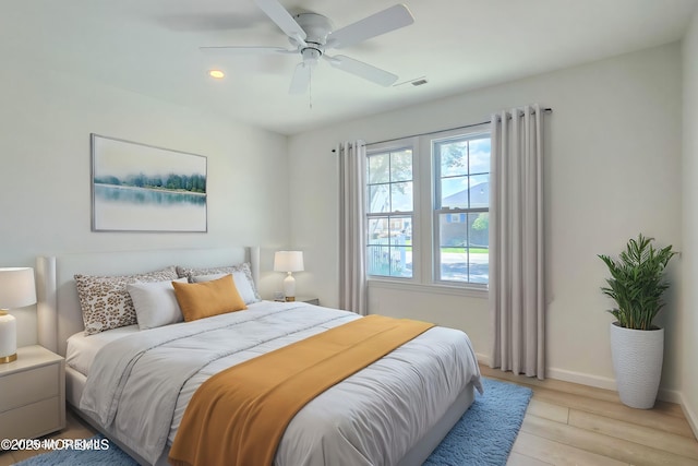 bedroom featuring ceiling fan and light hardwood / wood-style flooring