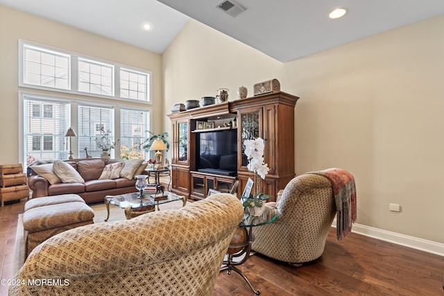 living room featuring dark wood-type flooring and a high ceiling