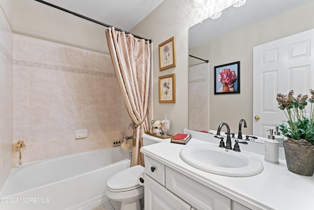 full bathroom with toilet, vanity, and shower / tub combo with curtain