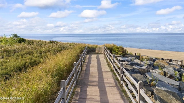 view of community featuring a water view and a view of the beach