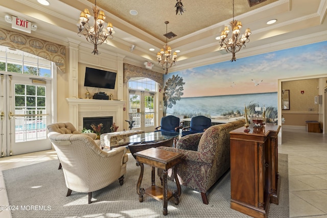 tiled living room featuring a raised ceiling, crown molding, and a notable chandelier