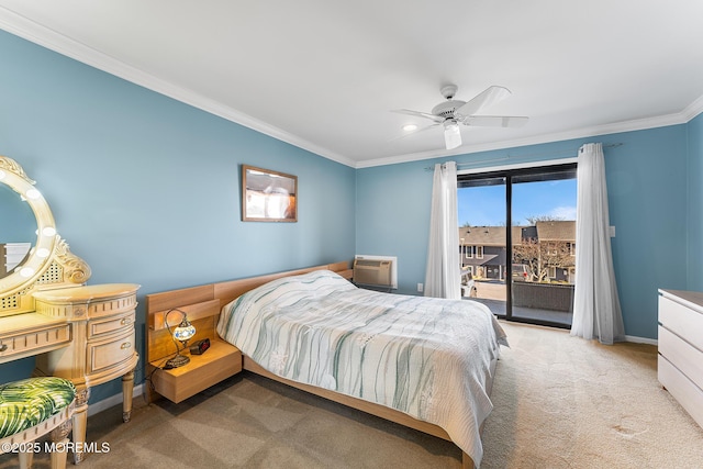 carpeted bedroom with ceiling fan, access to exterior, and crown molding