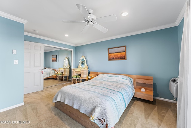 carpeted bedroom with ceiling fan and crown molding