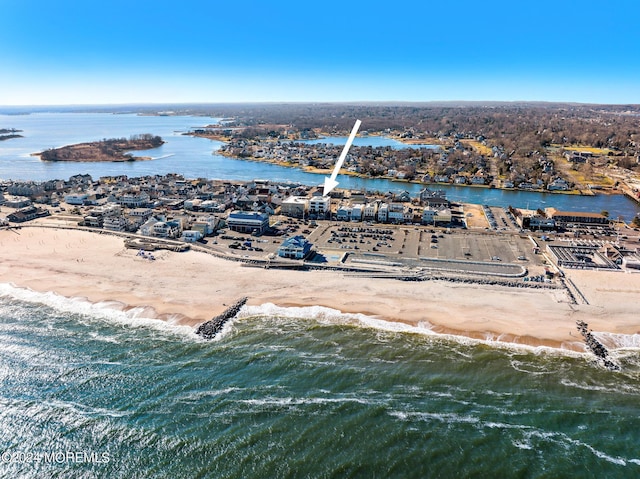 drone / aerial view with a water view and a view of the beach