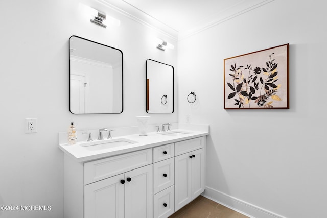 bathroom featuring vanity, tile patterned flooring, and crown molding