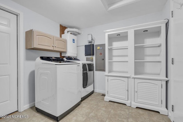 washroom with washing machine and dryer, cabinets, electric panel, and water heater