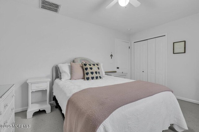 bedroom featuring ceiling fan and a closet