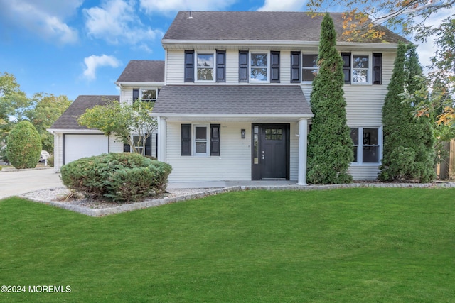 view of front of property with a front yard and a garage