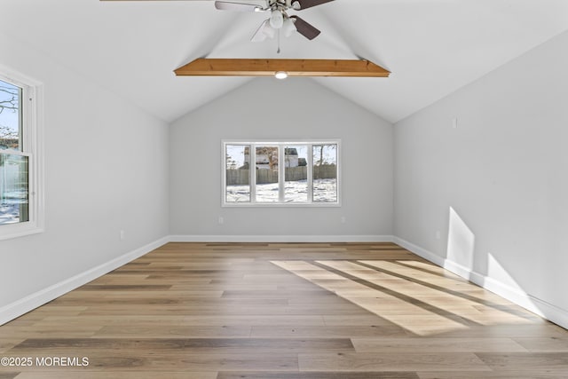 spare room with light wood-type flooring, ceiling fan, and vaulted ceiling with beams