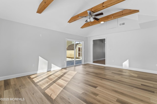 unfurnished room with high vaulted ceiling, light hardwood / wood-style floors, beam ceiling, and ceiling fan