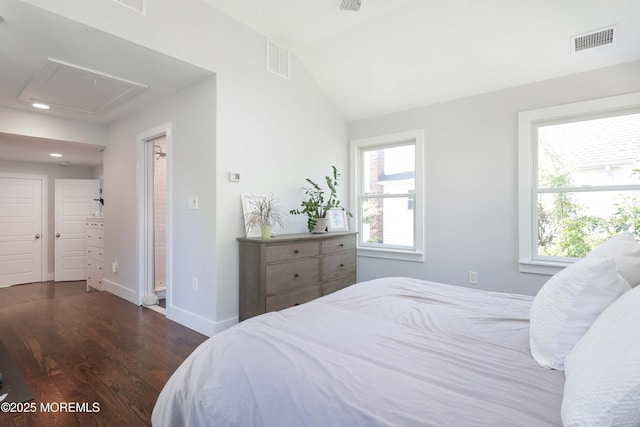 bedroom with dark wood-type flooring and vaulted ceiling