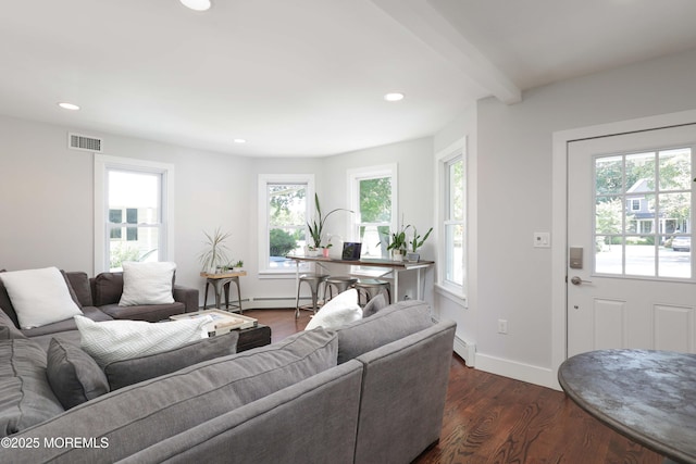 living room with dark wood-type flooring, baseboard heating, and beam ceiling