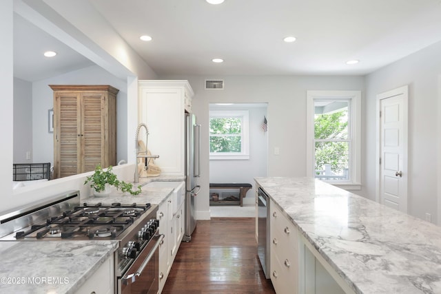 kitchen with white cabinets, dark hardwood / wood-style floors, light stone counters, and appliances with stainless steel finishes