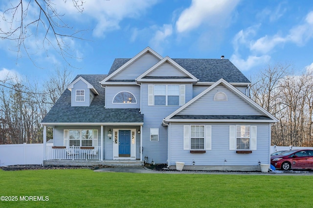 view of front facade with a shingled roof, a porch, and a front yard