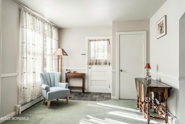 living area with a baseboard radiator and dark colored carpet