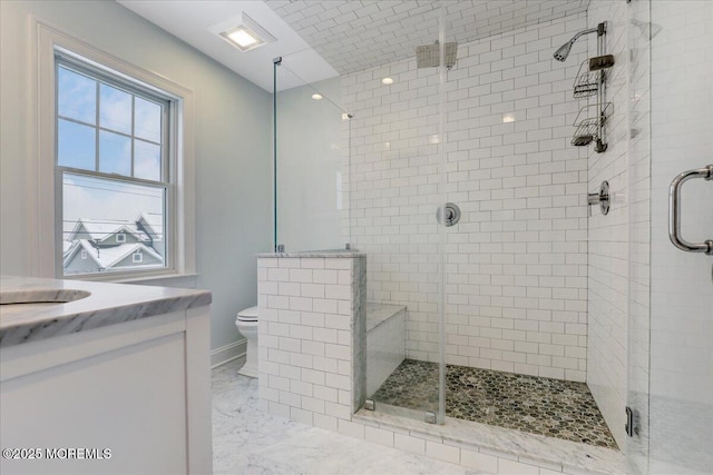 bathroom featuring a shower with shower door, vanity, and toilet