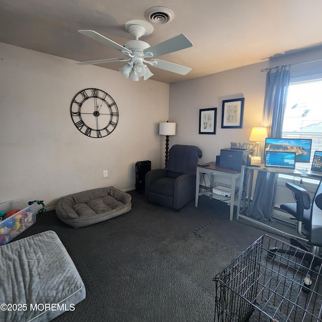 office with ceiling fan and carpet