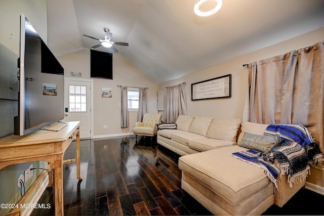 living room with ceiling fan, dark hardwood / wood-style flooring, and vaulted ceiling