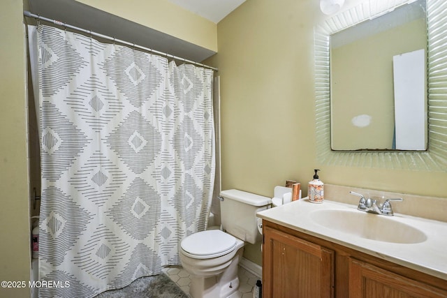 bathroom with toilet, tile patterned flooring, a shower with shower curtain, and vanity