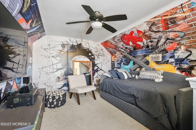 carpeted bedroom featuring ceiling fan and vaulted ceiling