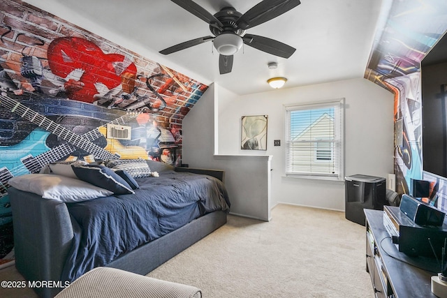 carpeted bedroom with vaulted ceiling and ceiling fan