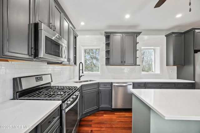 kitchen featuring stainless steel appliances, sink, plenty of natural light, and dark wood-type flooring