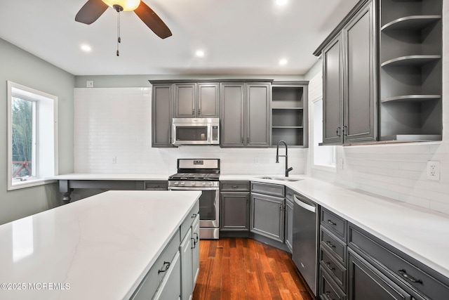 kitchen featuring sink, ceiling fan, dark hardwood / wood-style floors, gray cabinets, and appliances with stainless steel finishes