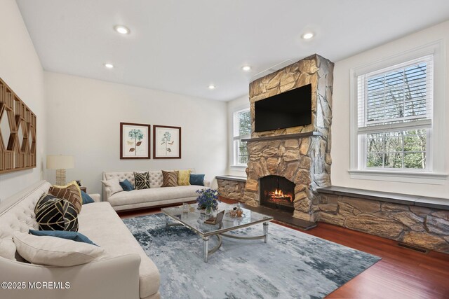 living room featuring a fireplace and dark hardwood / wood-style floors