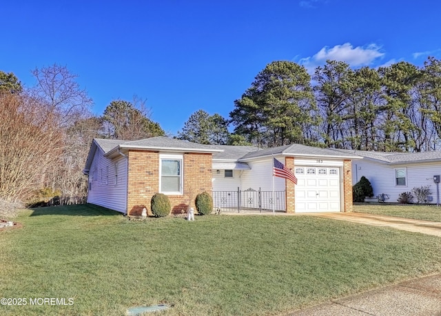 ranch-style house with a front yard and a garage