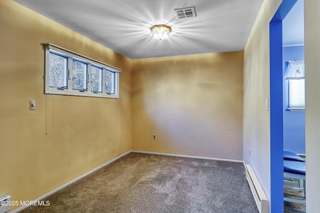 carpeted empty room featuring a baseboard radiator