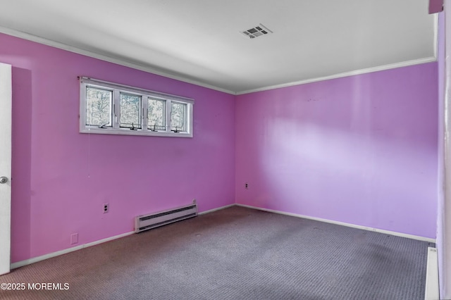 carpeted spare room with baseboard heating and ornamental molding