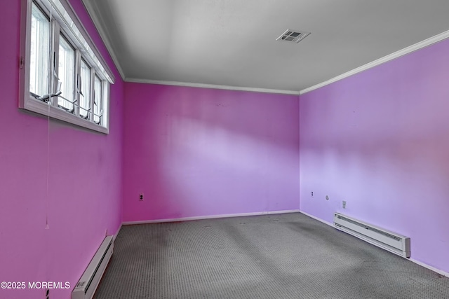 unfurnished room with ornamental molding, a baseboard radiator, and carpet flooring